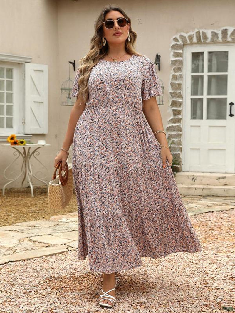 Women'S Ditsy Floral Print a Line Dress, Boho Fashion Casual plus Size Short Sleeve Dress for Daily Wear, Women Clothing, Womenswear, Summer Boho Clothes Women